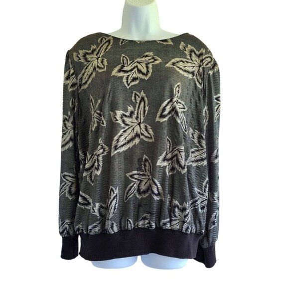 Vintage 80s Fun Funky Metallic Blouse Tag sz 18 Black Silver Leaf Slinky - Picture 4 of 15